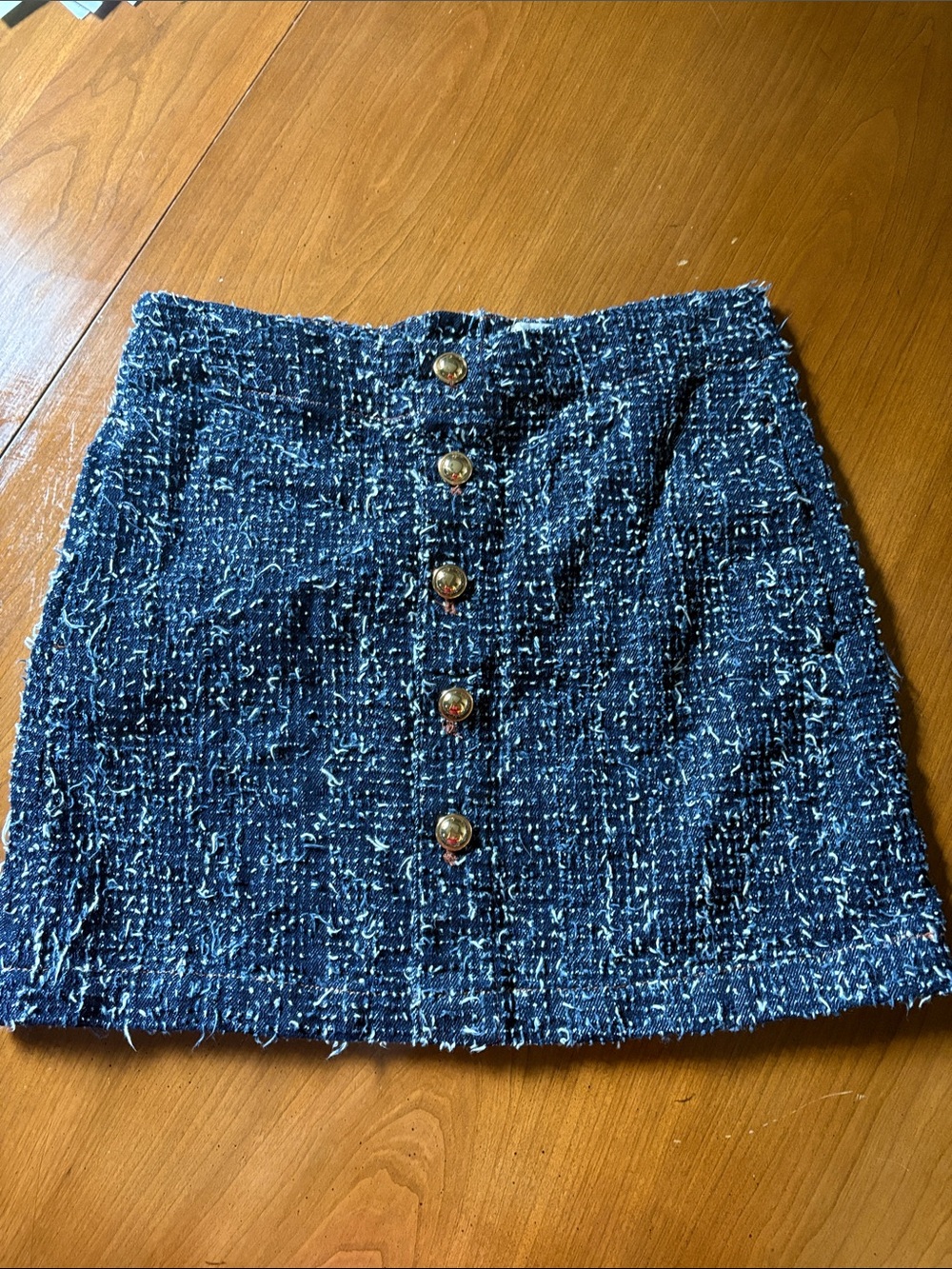 Anthropologie Navy Tweed Mini Skirt with Gold Buttons